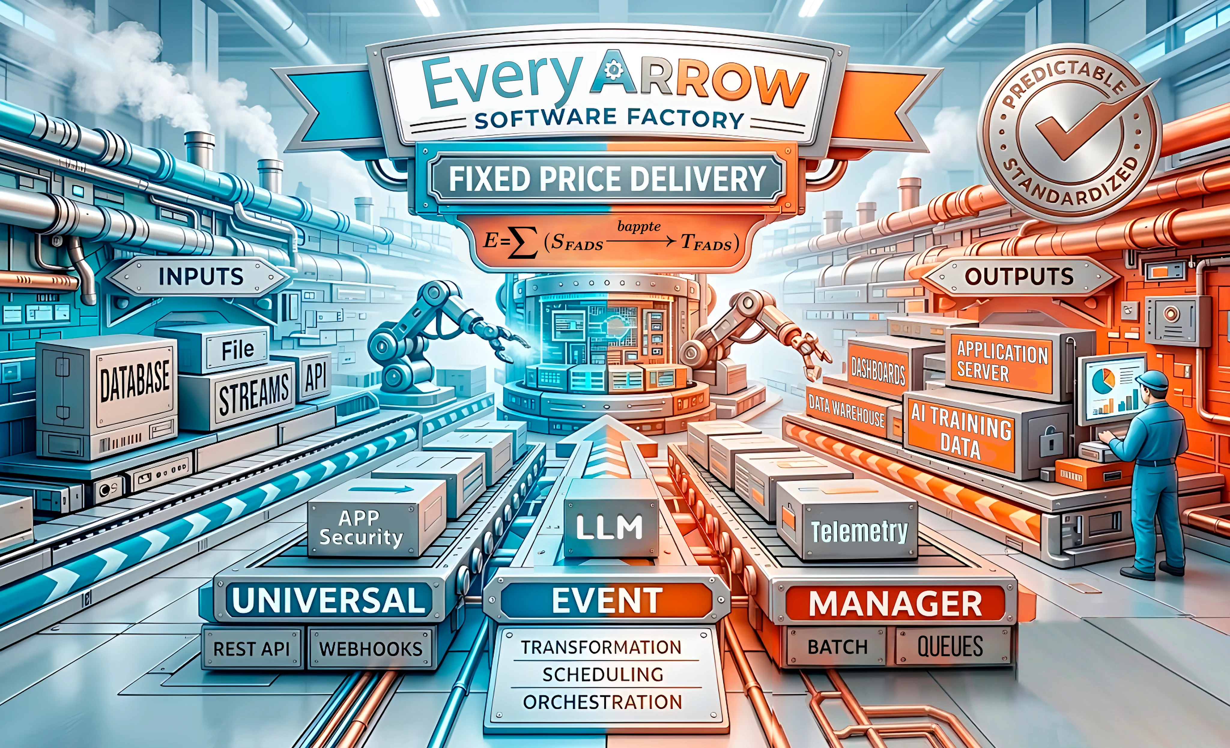 The EveryArrow Software Machine turning files, databases, streams, and APIs into governed application and data outputs